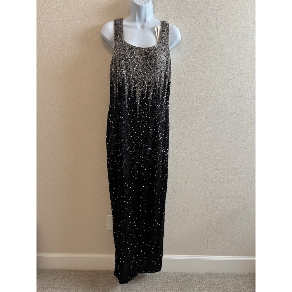 NWT Vintage Stenay Beaded Maxi Dress 14 Black Silver Sequin Silk Evening Gown